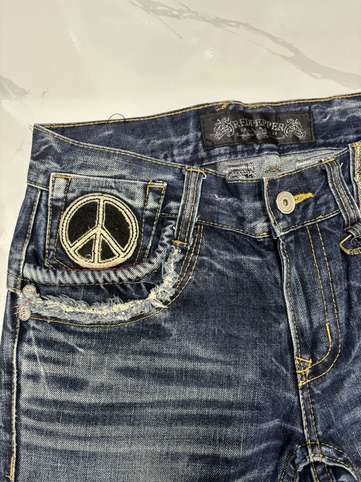 Tornado Mart 🔥RED PEPPER ☮️ EMBROIDERY FLARED JEANS DISTRESSED DENIM Size US 33 - 10 Thumbnail