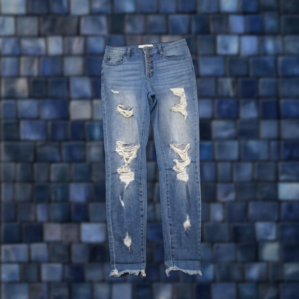 Vintage Kancan Jeans Womens Size 27 Blue Stretch Distressed Button Fly 5-Pocket Skinny Denim High Rise Regular Modern Feel Size 27" / US 4 / IT 40 - 1 Thumbnail