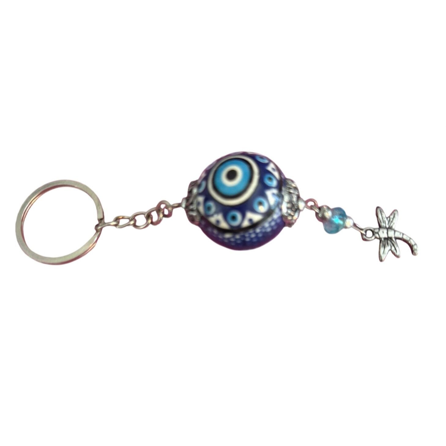 Other Turkish Evil Eye Ceramic Bead Keychain Dragonfly Silver Tone Size ONE SIZE - 4 Thumbnail