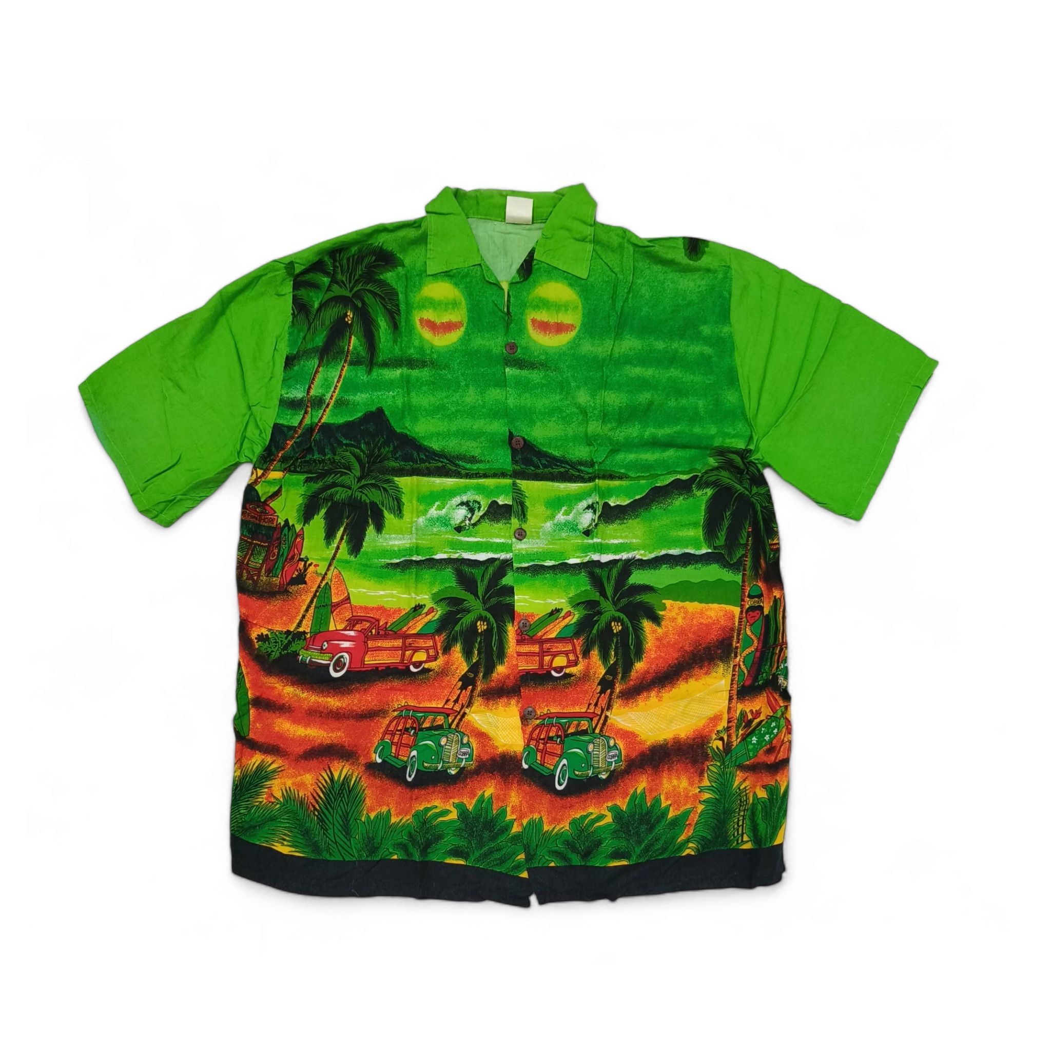 Vintage 80s Tropical Scenic Border Print Rayon Aloha Shirt