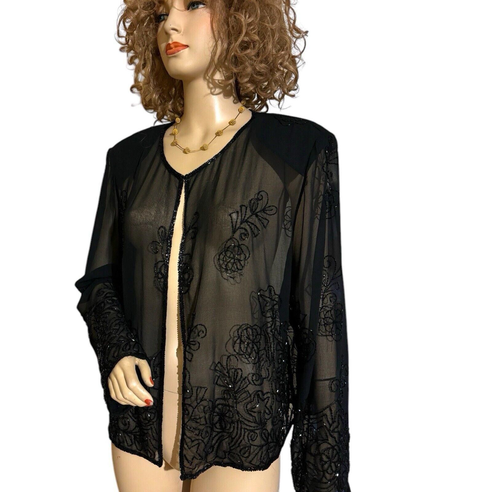 Designer Sheer Black Beaded Cardigan Wrap Sz 2X XXL By JMD New York Size XXL / US 16-18 / IT 52-54 - 6 Thumbnail