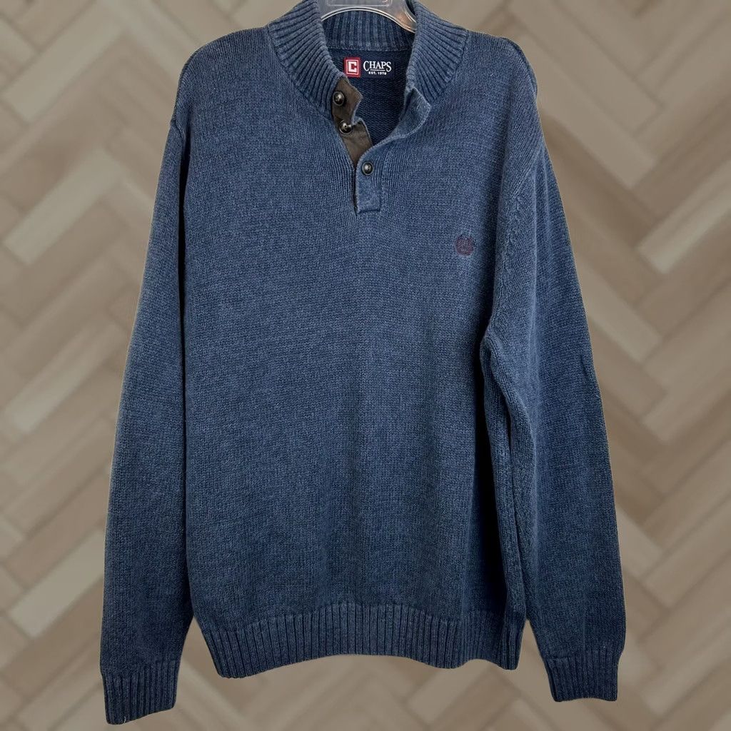 Chaps Chaps Sweater Mens XXL Quarter Button Mock Neck Elbow Patch Blue Cotton Read Size US XXL / EU 58 / 5 - 1 Thumbnail