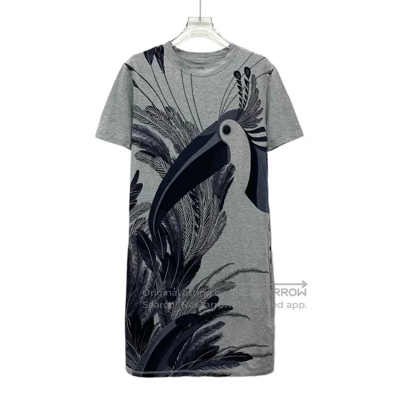 Hermes Hermes Gray Large Beak Bird Printed Cotton Round Collar Sh Size XXS / US 00 / IT 34 - 1 Thumbnail