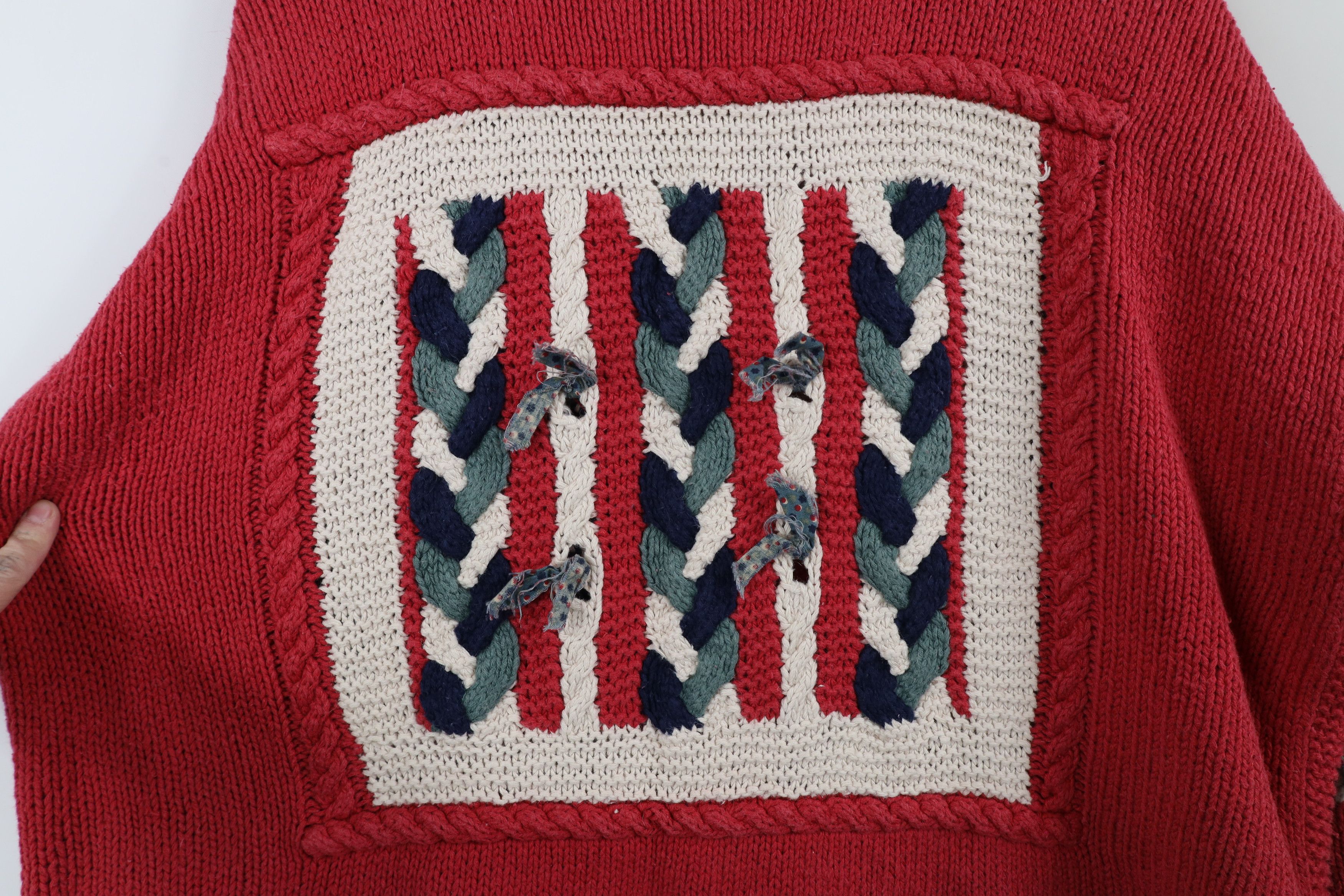Vintage Vintage 90s Quilt Strip Fringed Chunky Knit Cardigan Sweater Size XL / US 12-14 / IT 48-50 - 10 Thumbnail