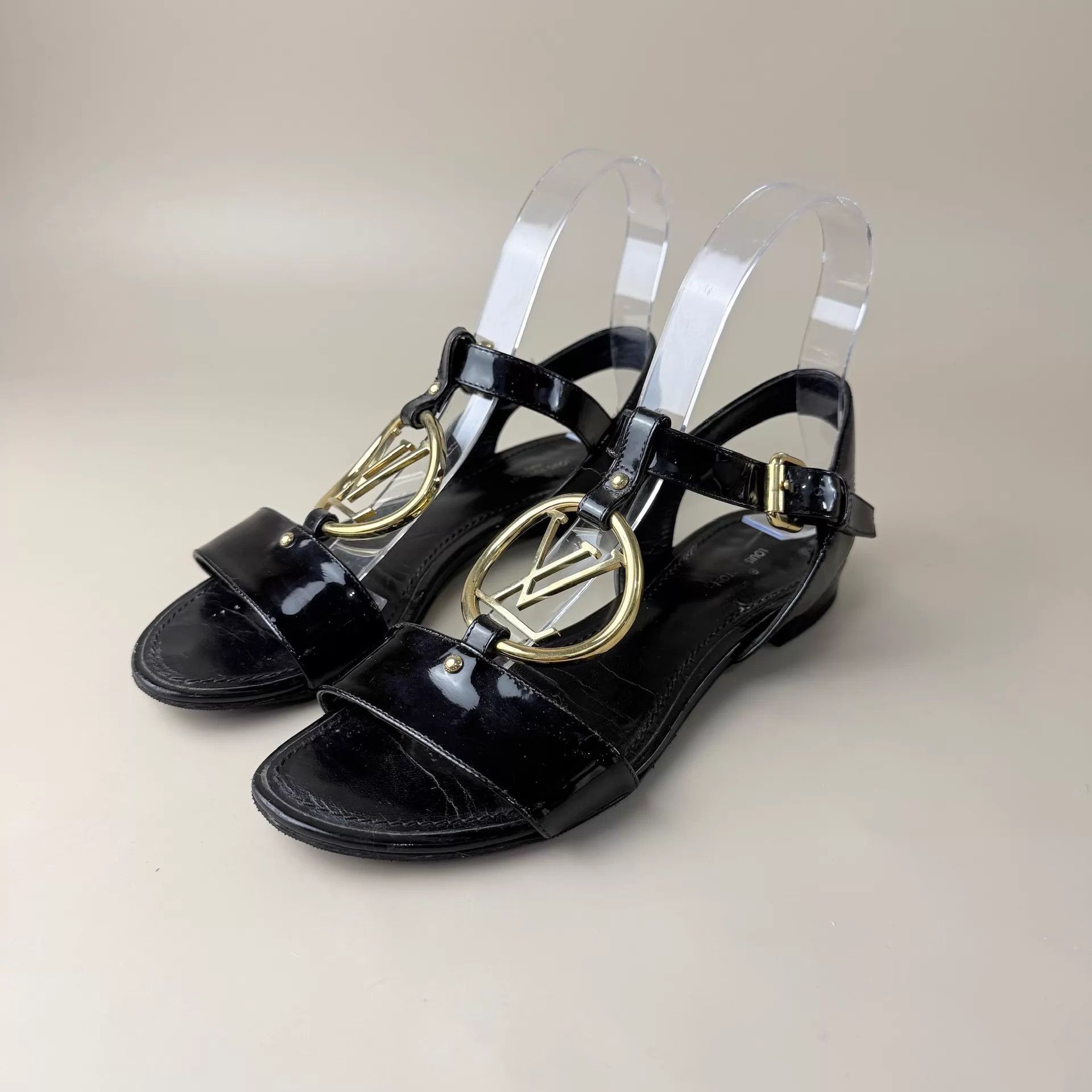 LV Black Gold Logo Strappy Sandals 36 EU