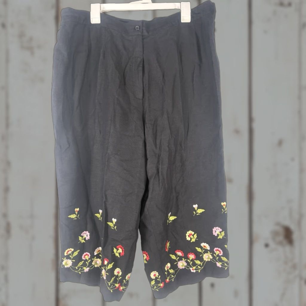 Vintage VINTAGE Larry Levine Womens Pants Plus 24W Cropped Wide-Leg Linen Blend Embroidered Bohemian City Style Size 42" / US 20 - 1 Thumbnail