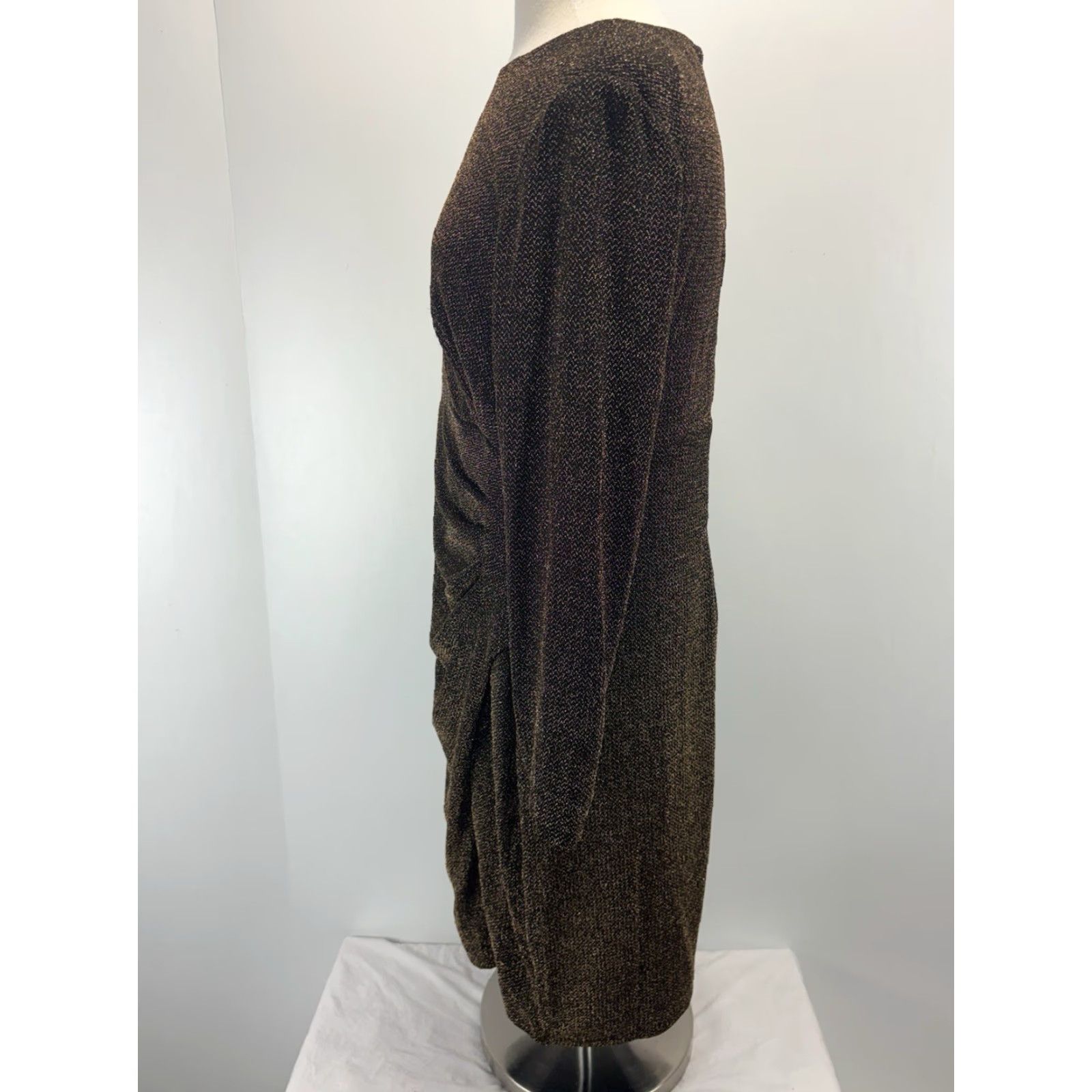 Lauren Ralph Lauren Draped Shift Dress Womens 14W Plus Black Gold Metallic  Knee Length Long Sleeve
