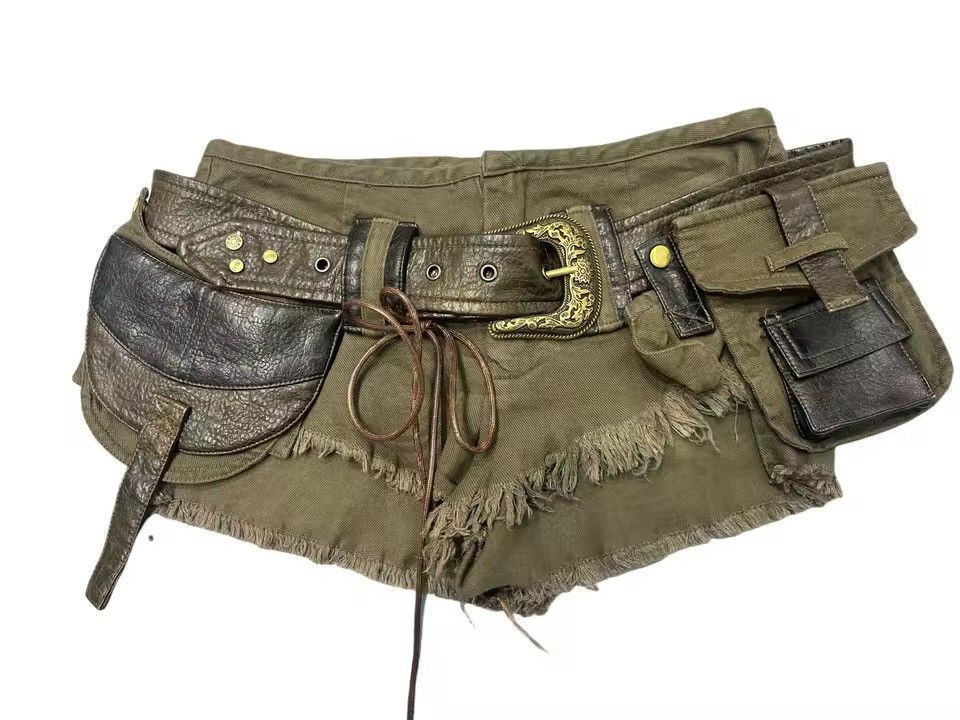 Japanese Brand Patchwork Punk Green Distressed Y2K Shorts Size 27" / US 4 / IT 40 - 1 Thumbnail