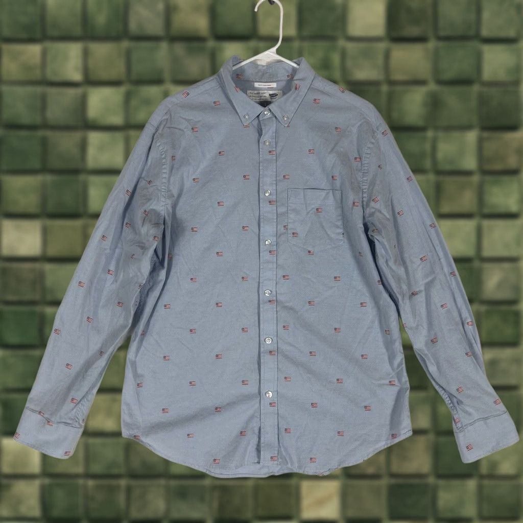 Old Navy Old Navy Shirt Mens Large Slim Fit Blue The Oxford Built-In Flex USA Flag Button Collar Dress Shirt Size US L / EU 52-54 / 3 - 1 Thumbnail