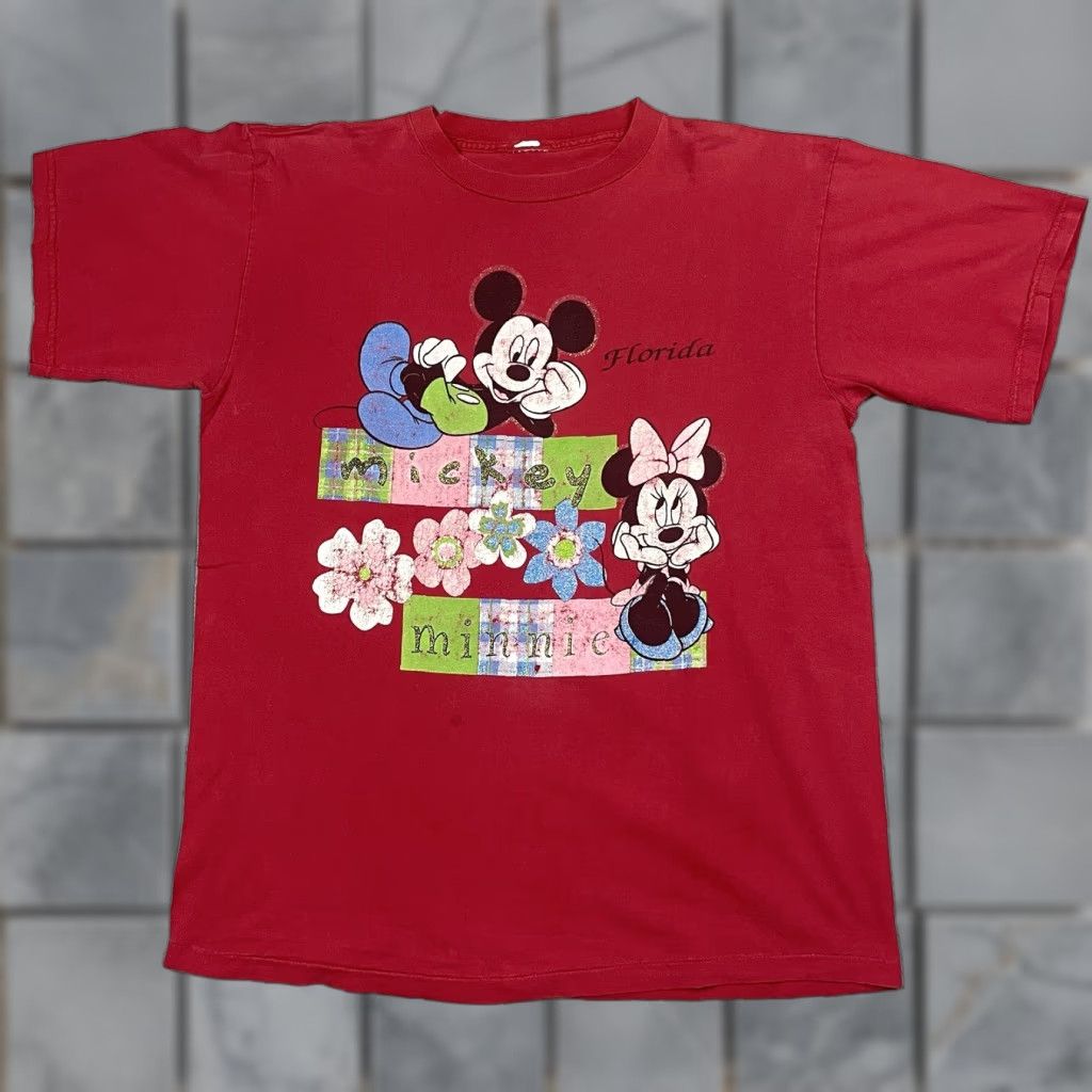 Disney VINTAGE Disney Mickey Minnie T-Shirt Crew Neck Short Sleeve Unisex Adults XL Red 1990s Graphic Print Cotton Made In USA Florida Size US XL / EU 56 / 4 - 1 Thumbnail