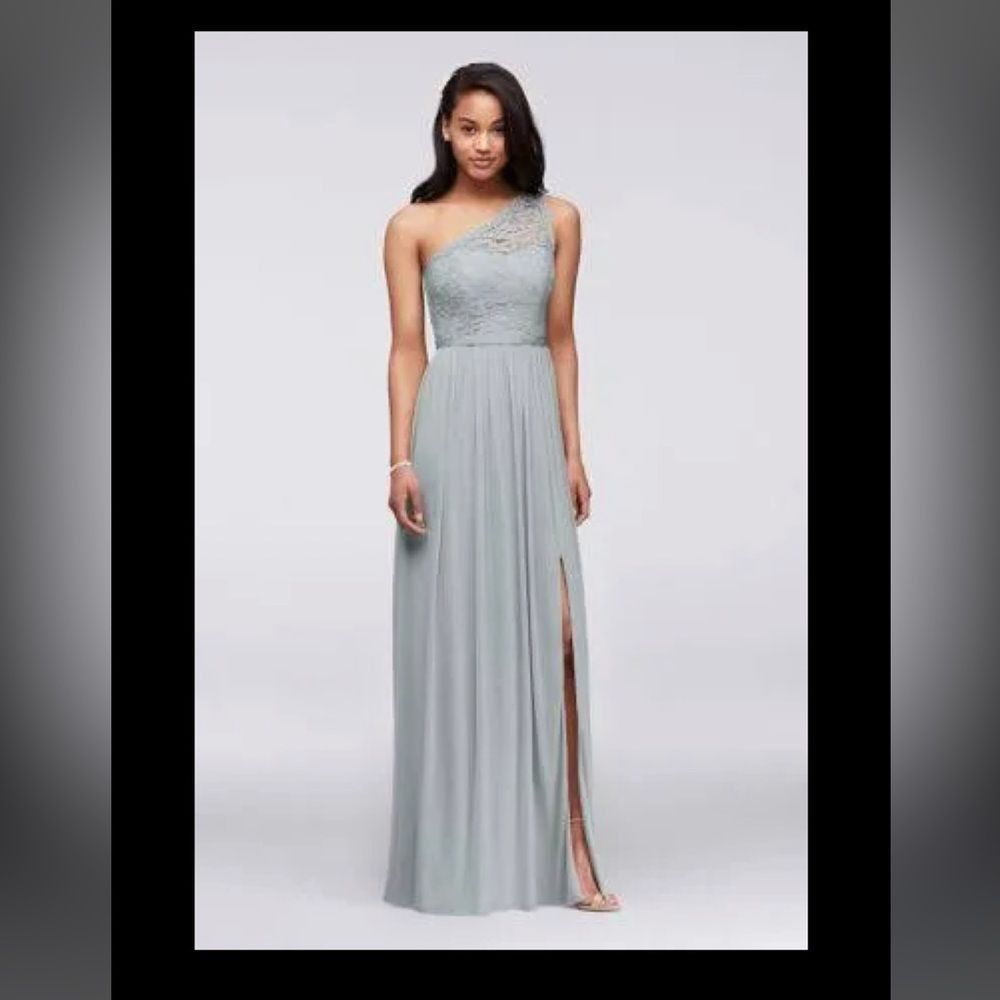 Other David’s Bridal One-Shoulder Lace Chiffon Gown – Misty Blue – Size XL / US 12-14 / IT 48-50 - 1 Thumbnail