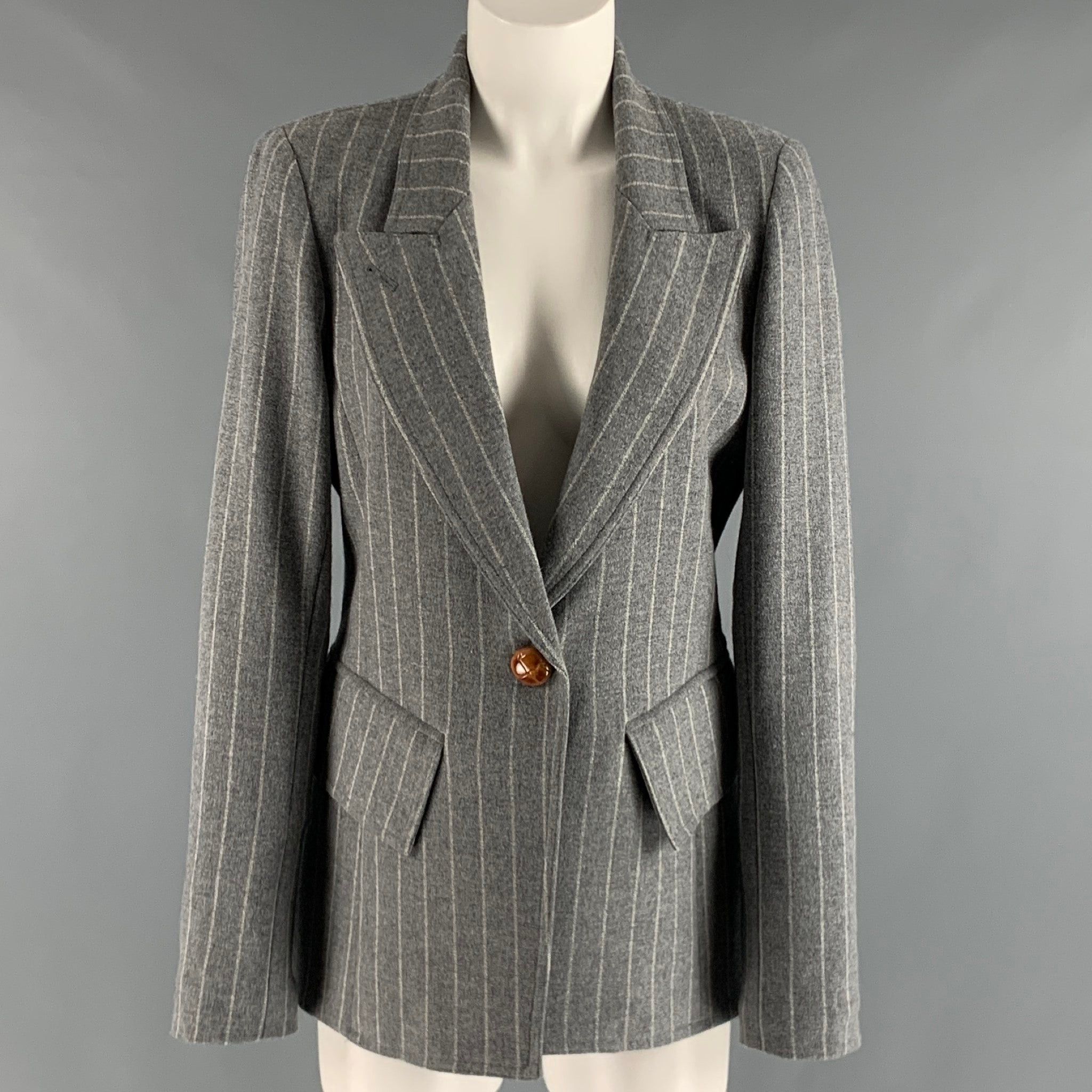 image of Smythe Grey Cream Wool Blend Chalk Stripe Jacket, Women's (Size Large)