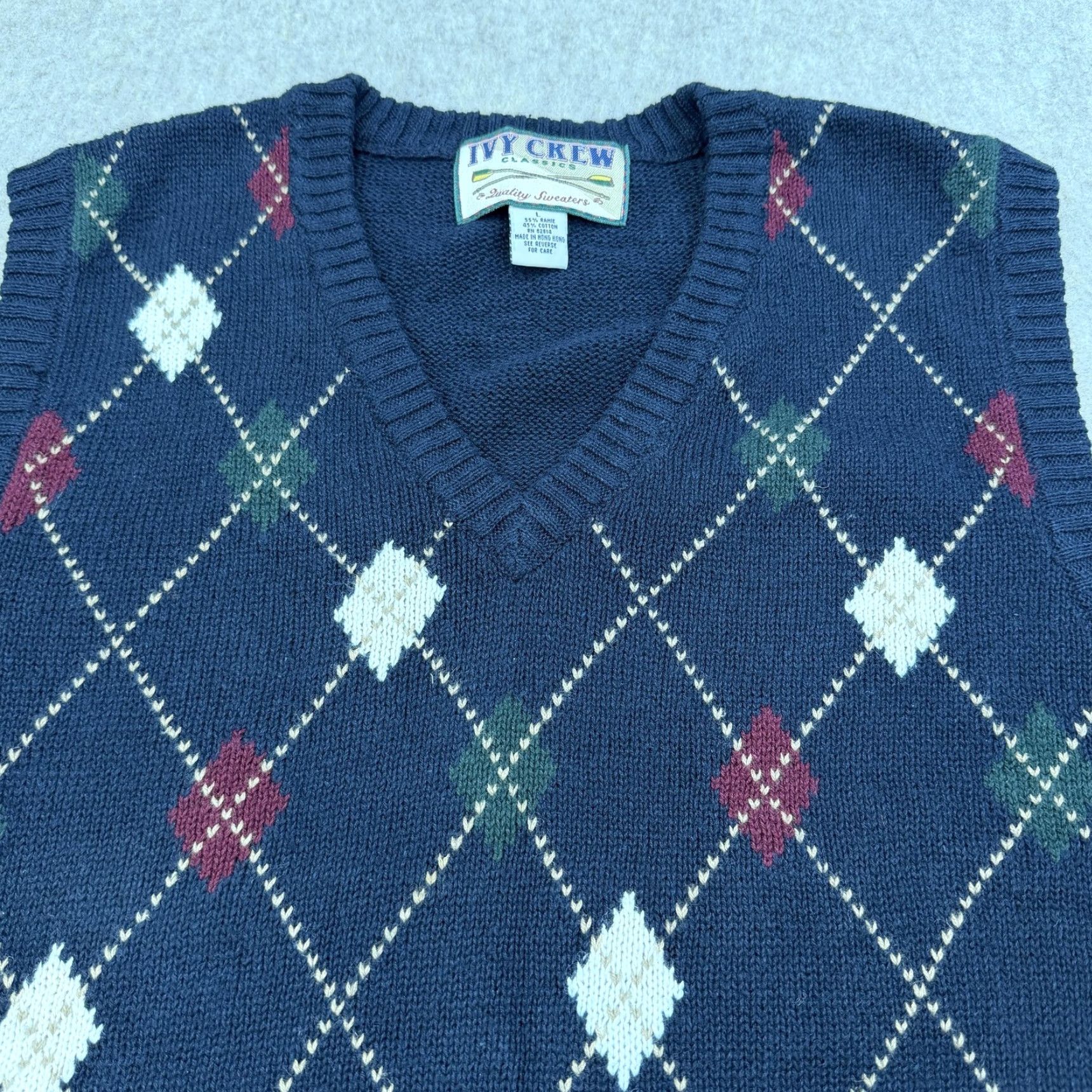 J.Crew Vintage Blue Argyle Knit Sweater Vest - Mens Large Ramie Cotton, V-Neck, Tight-Knit, 90s Preppy, Hong Kong, J.CREW, Ivy Crew, Woolless? Size US L / EU 52-54 / 3 - 3 Thumbnail