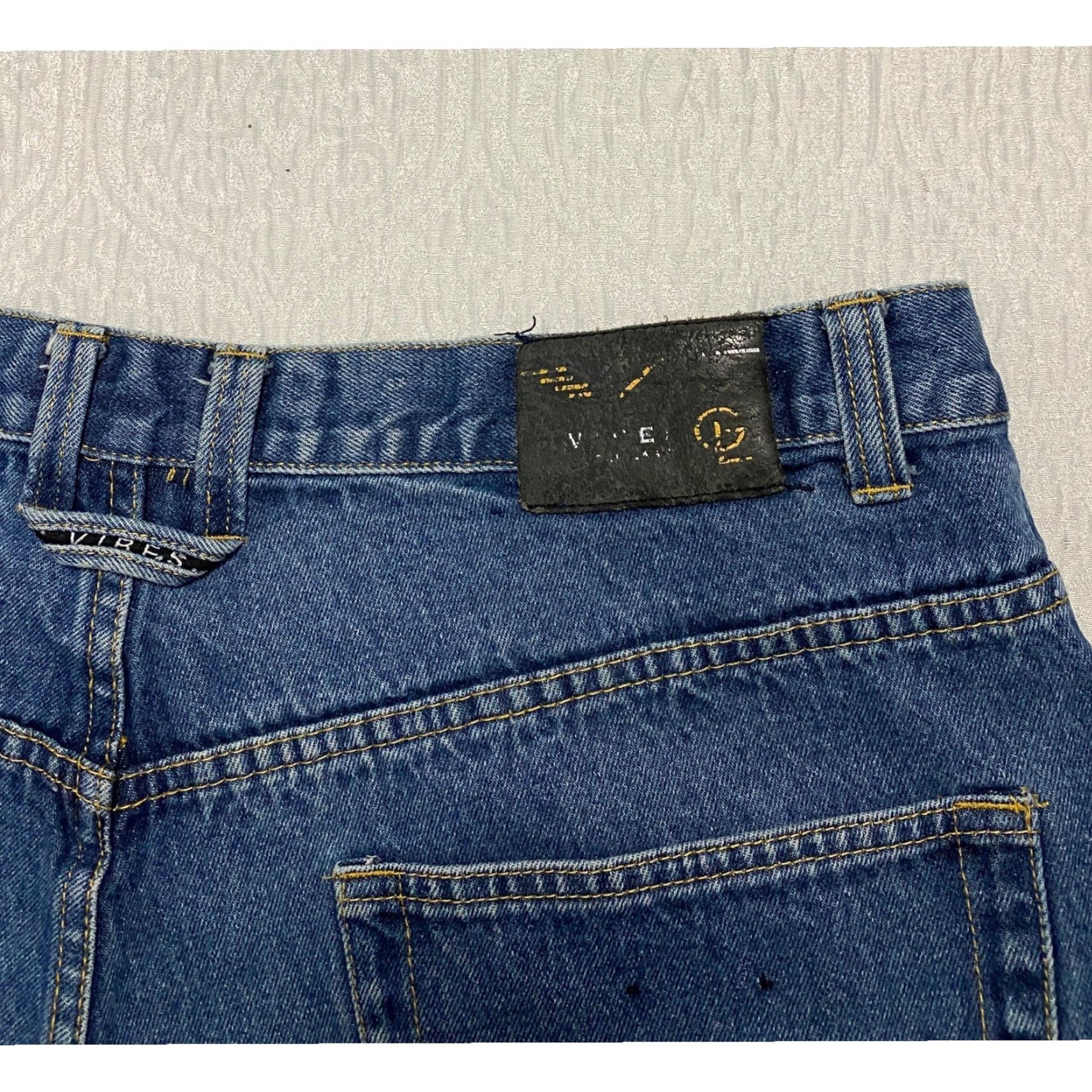 VIBE VIBES Vibes GL Gold Label Baggy Y2K Jeans Men 42x32 Blue Geometric Stitching Denim Cotton 90s Hip Hop Straight 5-Pocket Baggy Button Mens Size US 42 / EU 58 - 3 Thumbnail