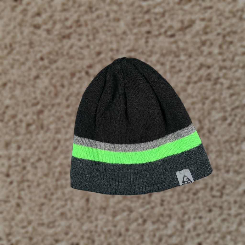 Vintage Gerry Beanie Toque Hat Unisex Adults One Size Black Gray Green Stripe Knit Acrylic Blend Ski Beanie Mens Womens 90s Outdoor Seasonal Knit Hat Size ONE SIZE - 1 Thumbnail