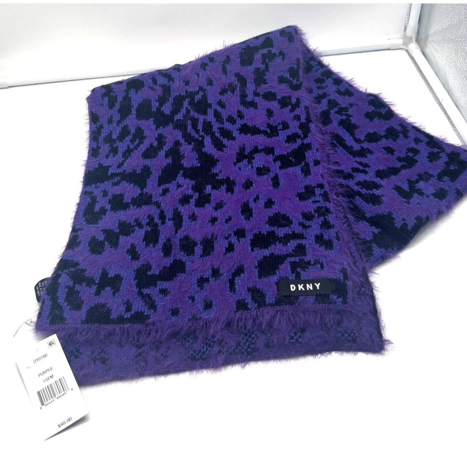 DKNY DKNY Fuzzy Animal Print Knit Scarf , Purple 12"x67" Size ONE SIZE - 3 Thumbnail