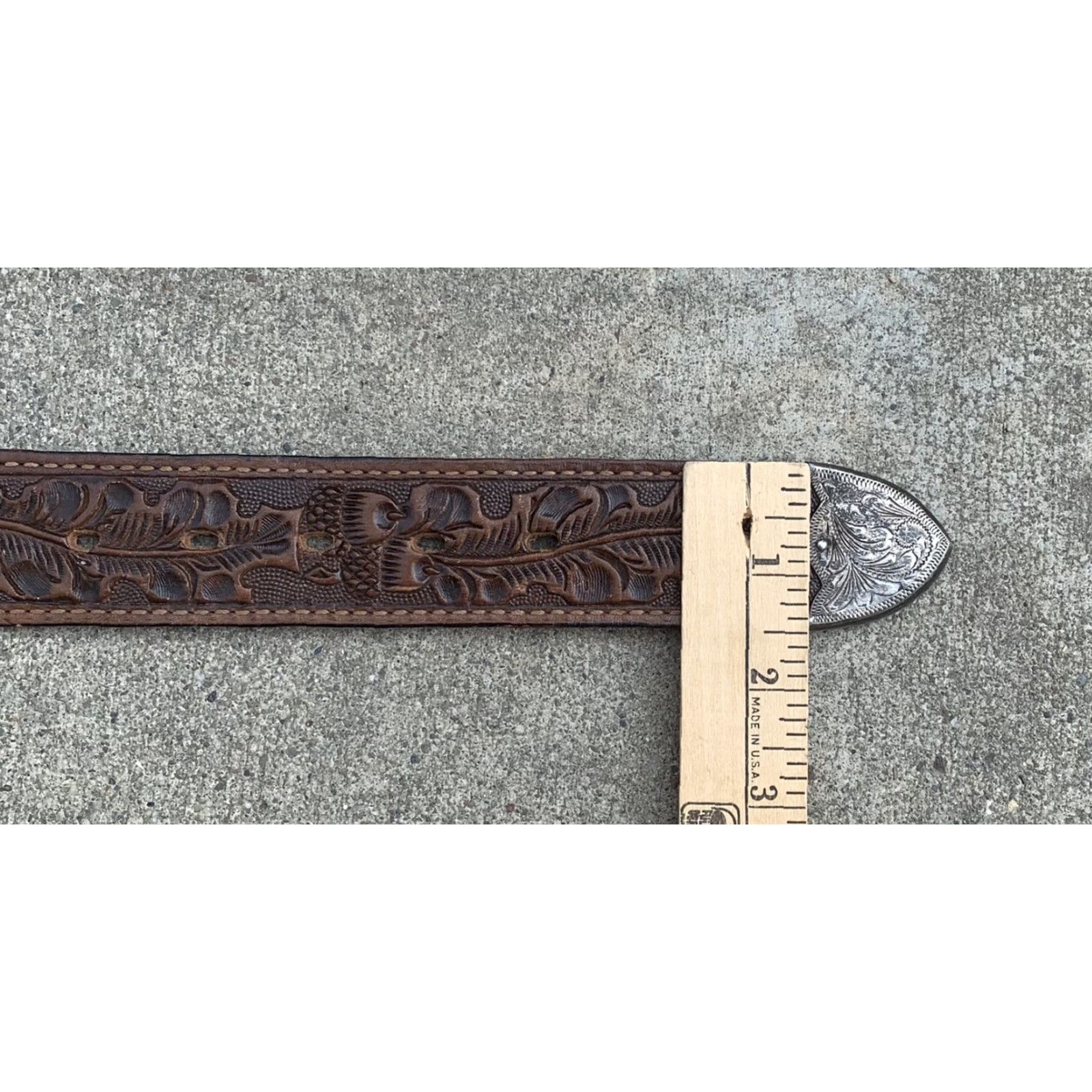 VINTAGE tooled leather belt PATRICIA silver belt tip STERLING MEXICO