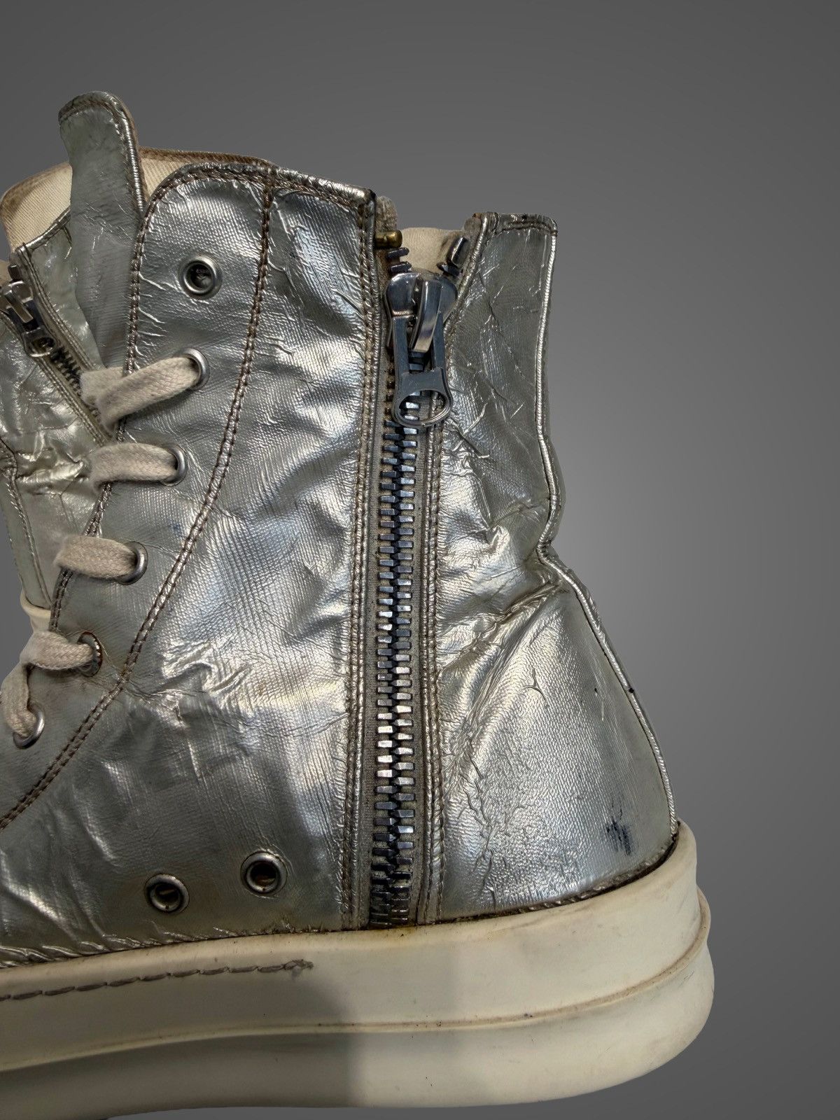 Rick Owens Drkshdw Rick Owens DRKSHDW Hi-Top Silver Satin Ramones from SS16 Size US 8 / EU 41 - 8 Thumbnail
