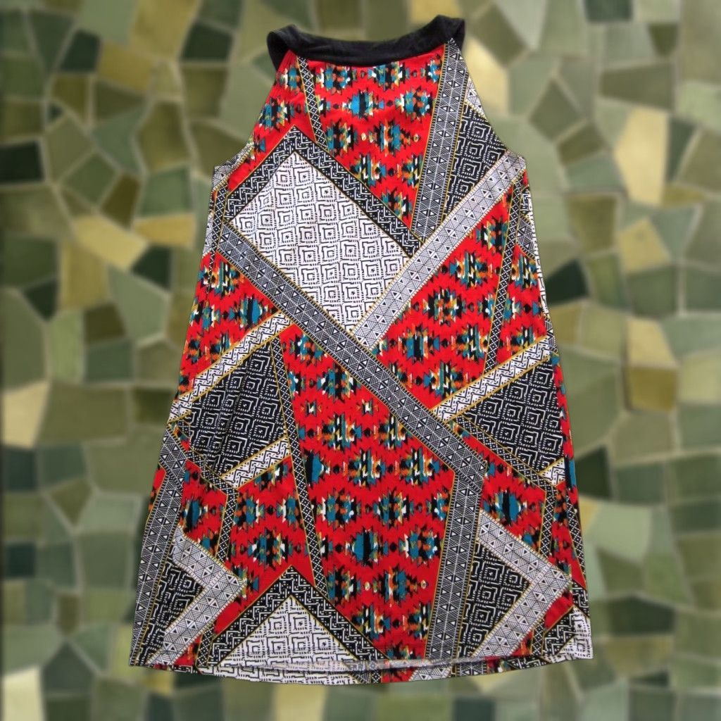 Vintage VINTAGE En Focus Geometric Stretch Tunic Sheath Shift Tank Dress 14W Red Black Green Midi Dress Womens Size XL / US 12-14 / IT 48-50 - 1 Thumbnail