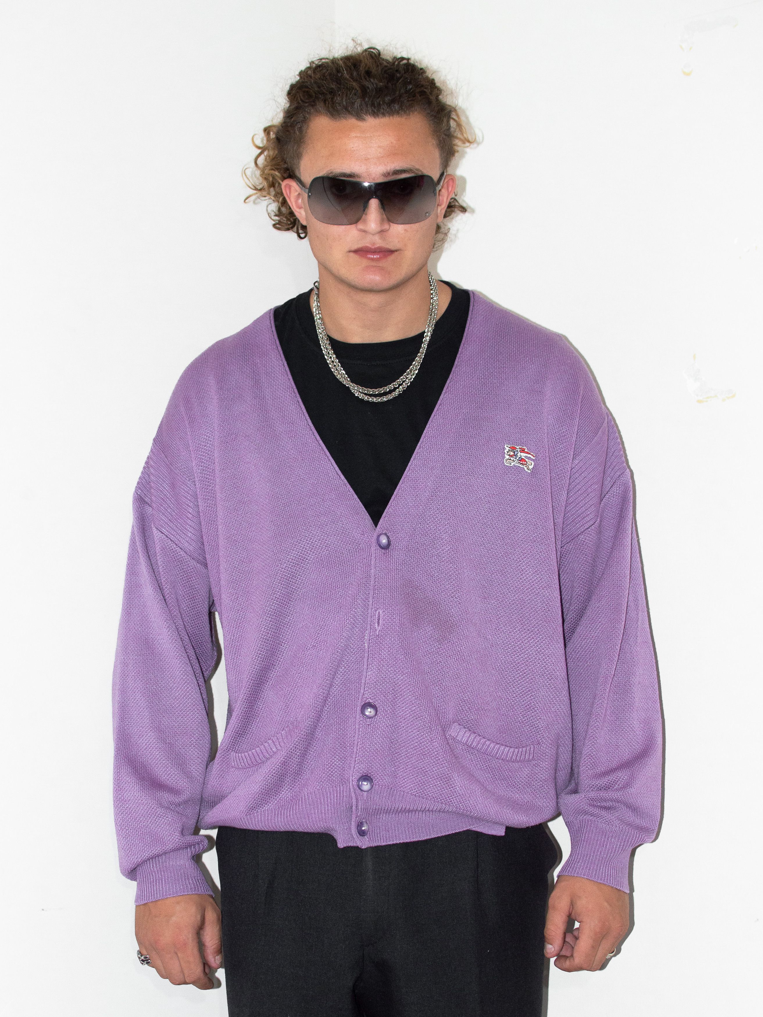 Burberry × Vintage Vintage 90s Burberry Purple/Lilac Faded Button Down Cardigan Size US XXL / EU 58 / 5 - 5 Thumbnail