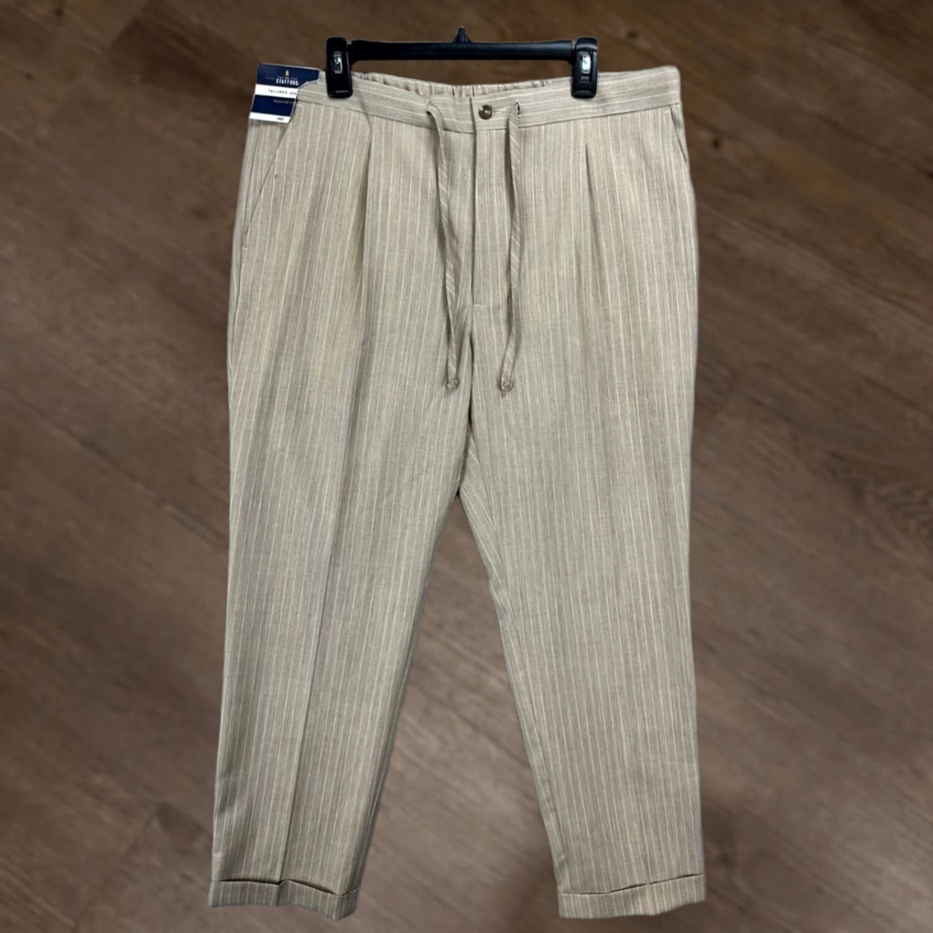 Stafford Stafford Pants Men 38 Tan Striped Regular Tailored Jogger Drawstring Pleated NEW Size US 38 / EU 54 - 1 Thumbnail