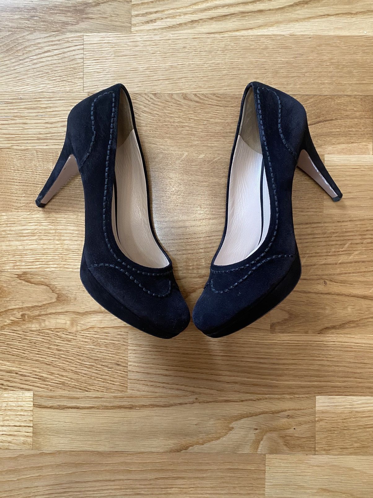 Prada Prada Black Suede Whipstitch ClassicHigh Heel PumpsSize 37.5 Size US 7.5 / IT 37.5 - 1 Thumbnail