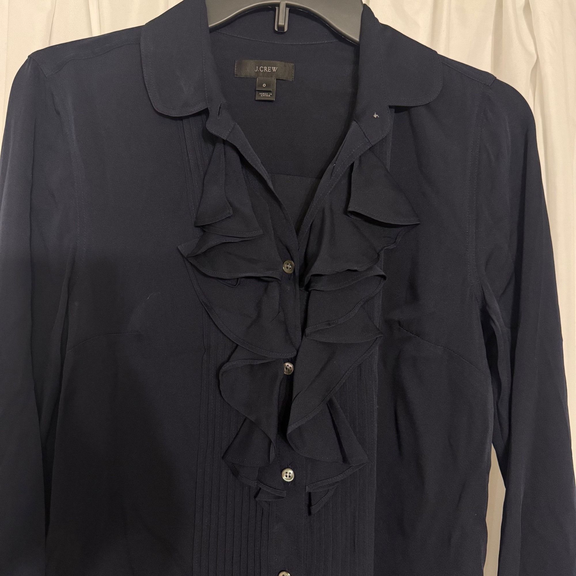 J.Crew J.Crew Womens Navy Long-Sleeve Ruffle Front Blouse Size 0 Size XS / US 0-2 / IT 36-38 - 2 Thumbnail