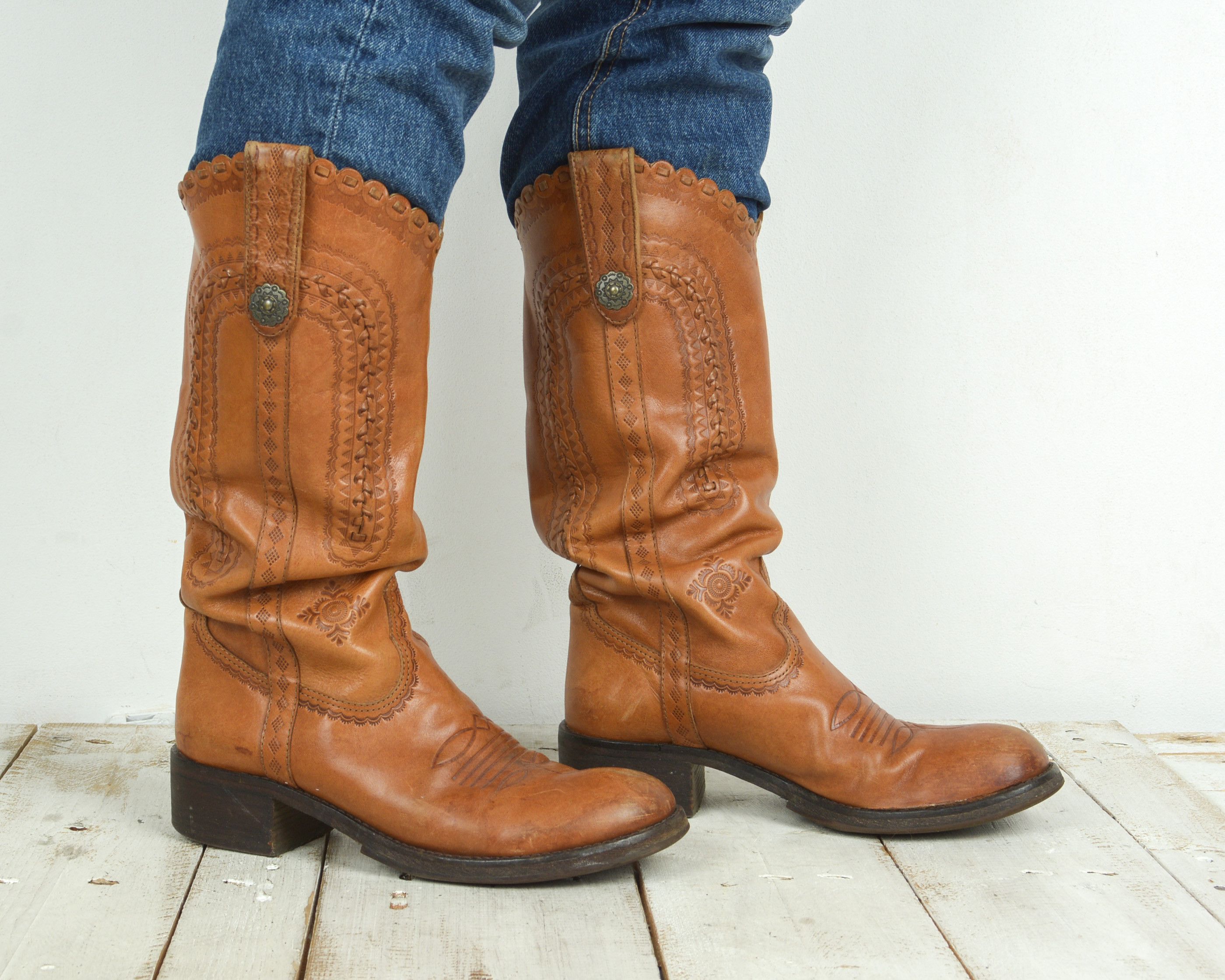 Handmade × Leather × Vintage ASK Boots Western Cowboy Pullons Eu 37 Shoes UK 4 vegetable Size US 6 / IT 36 - 3 Thumbnail