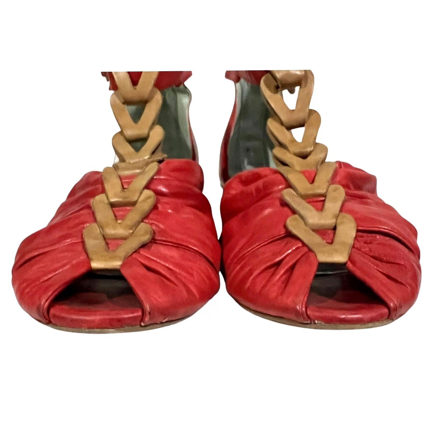 Vintage Everybody by B.Z. Moda Sandals Womens EU 40.5 Red & Tan Leather Ankle Buckle Heel Sandal Shiny Strappy Party/Cocktail Shoes Size US 10 / IT 40 - 7 Thumbnail