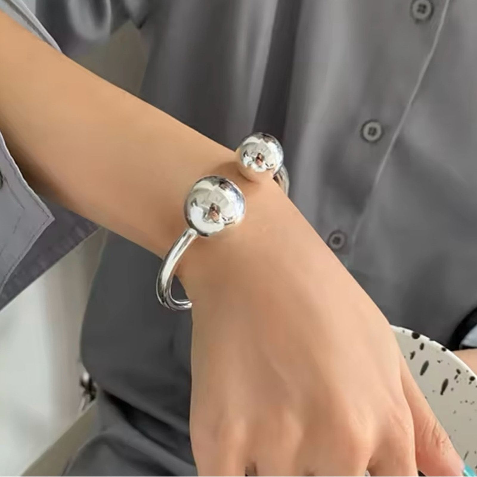 Other Sterling Silver Ball End Cuff Bracelet Size ONE SIZE - 5 Thumbnail