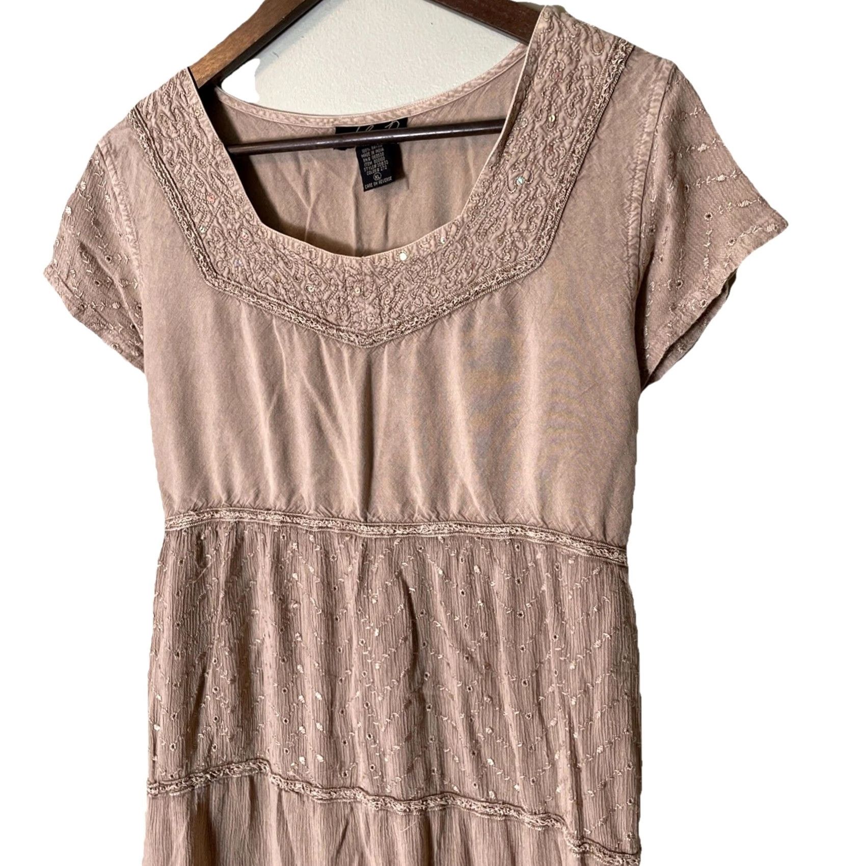 Vintage VINTAGE Lola P. Maxi Dress Shirt Dress XL Beige Beaded Sequin Eyelet Freestyle Fairy Y2K Bohemian Grunge Summer Spring Fall Size XL / US 12-14 / IT 48-50 - 3 Thumbnail