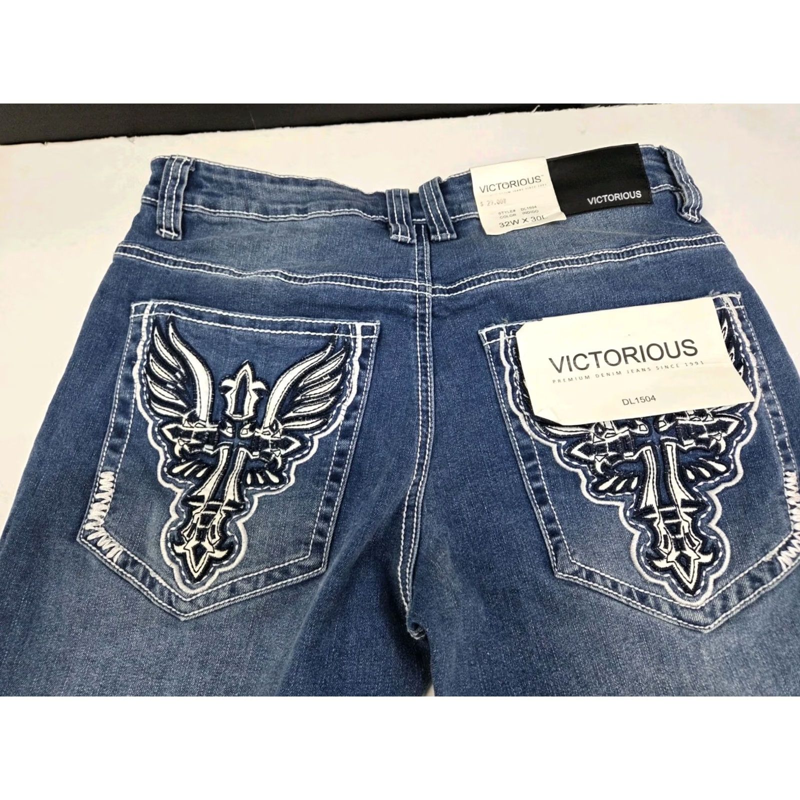 Denime VICTORIOUS Jeans Bootcut Denim Embroidered Blue 32/30 Mens Regular Victory Vintage? NWT Size US 32 / EU 48 - 4 Thumbnail