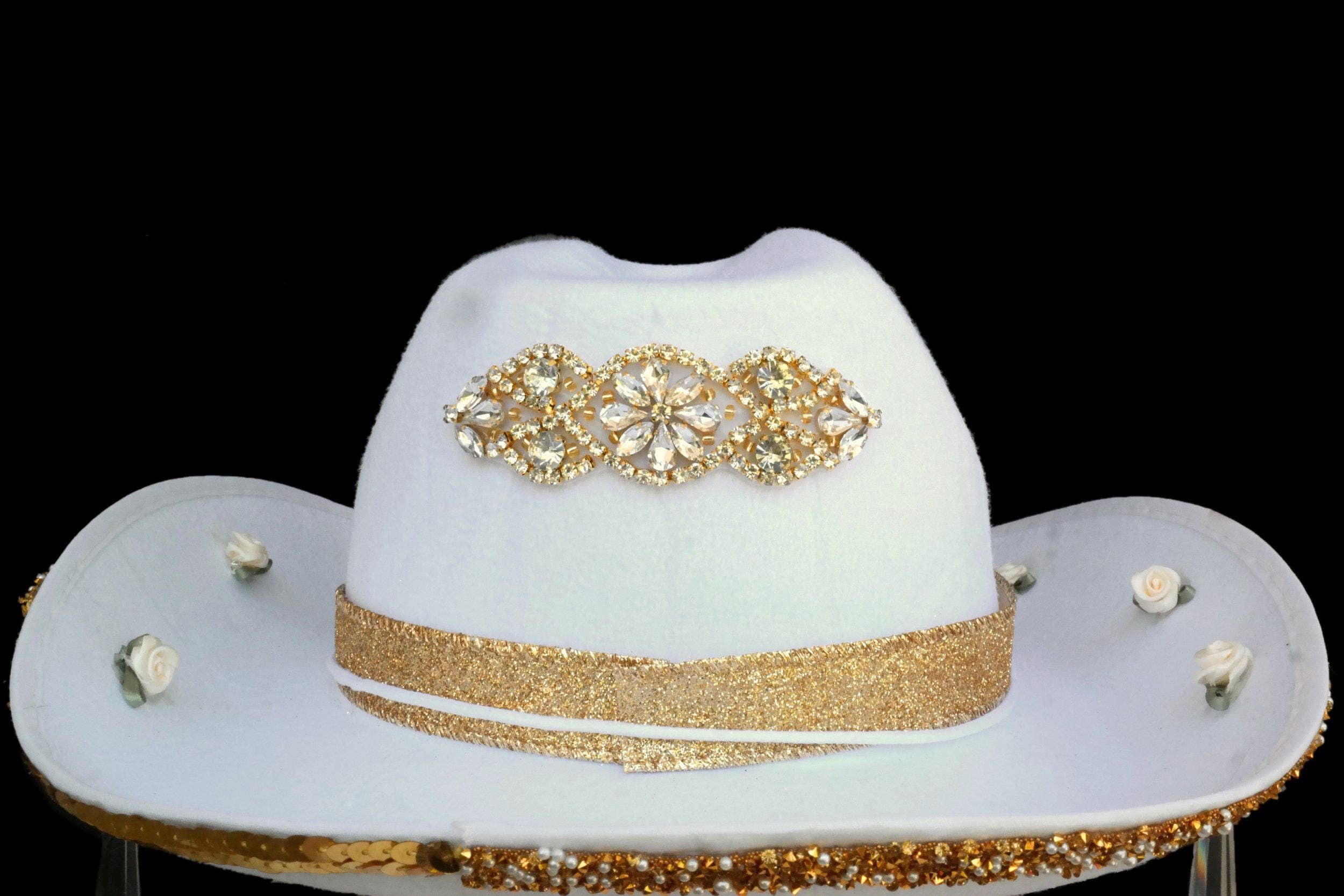 Handmade Gold & White Glass Hanging Cowgirl Hat Size ONE SIZE - 7 Thumbnail