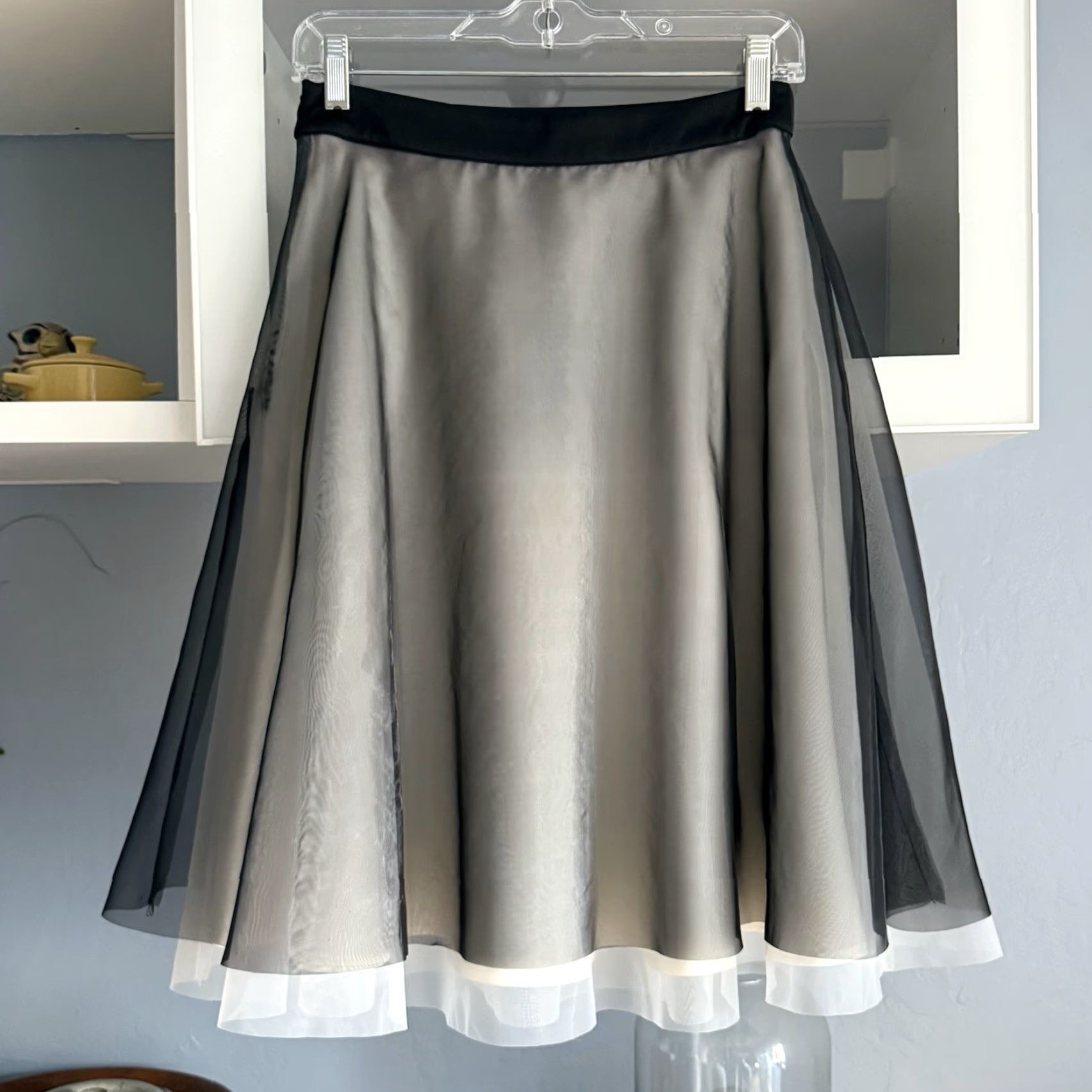 Vintage ASM Skirt A-Line Midi Knee Length Organza Black White Polyester Lined Mid Rise Side Zip Women Size M Size 32" / US 10 / IT 46 - 2 Thumbnail