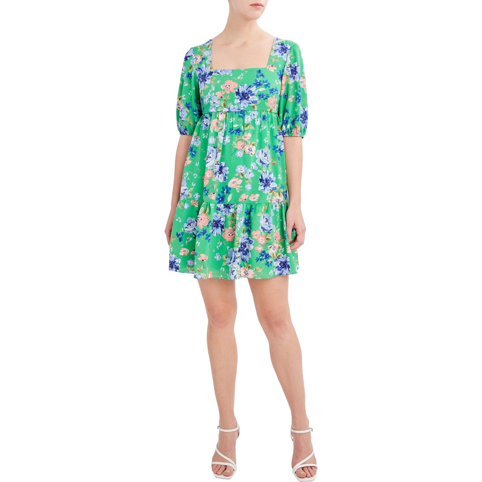 Bcbgmaxazria BCBG Paris Women's M Green Floral Puff Sleeve Tiered Dress Size M / US 6-8 / IT 42-44 - 1 Thumbnail