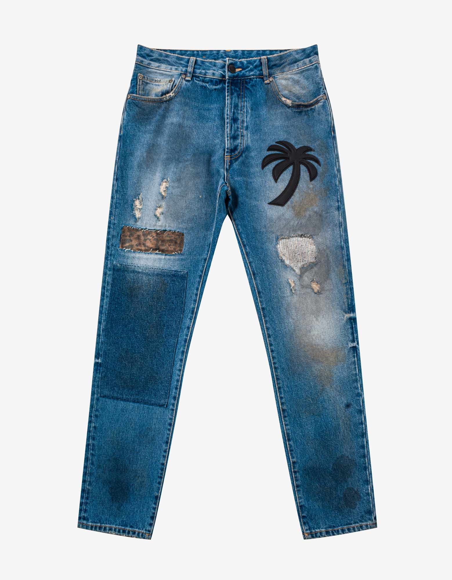 image of Palm Angels Blue Curved Palm Tree Regular Jeans, Men's (Size 34)