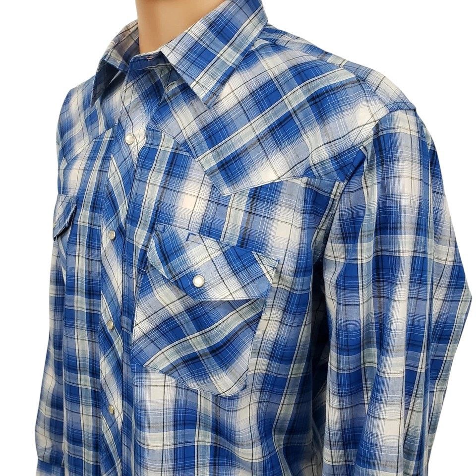 Wrangler NWOT Wrangler Western Snap Shirt Blue Plaid Check Men L Size US L / EU 52-54 / 3 - 8 Thumbnail