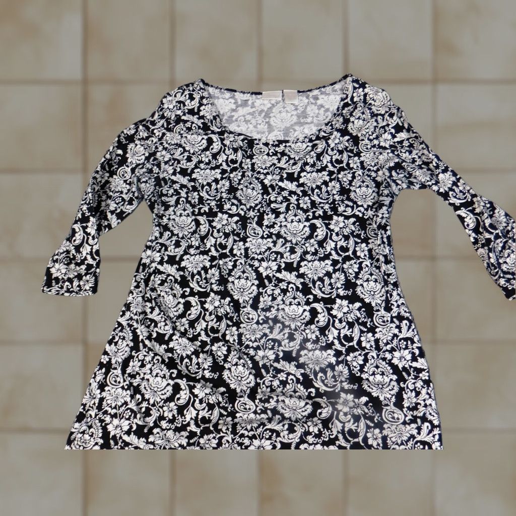 Vintage Spiegel Blouse Womens L Black Floral Round Neck Long Sleeve Pullover Cotton Rayon Bell Sleeve Ruffle Casual Basic Classic Stretch Size L / US 10 / IT 46 - 1 Thumbnail