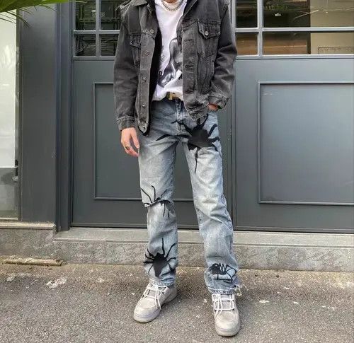 image of Blue Spider Spray Paint Washed Ripped Jeans, Men's (Size 32)