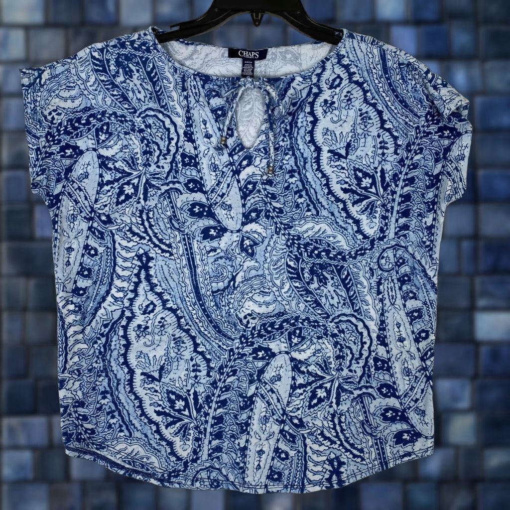 Chaps Chaps Blue Paisley Shirt Women S Short Sleeve V-Neck Pullover Casual Size S / US 4 / IT 40 - 1 Thumbnail