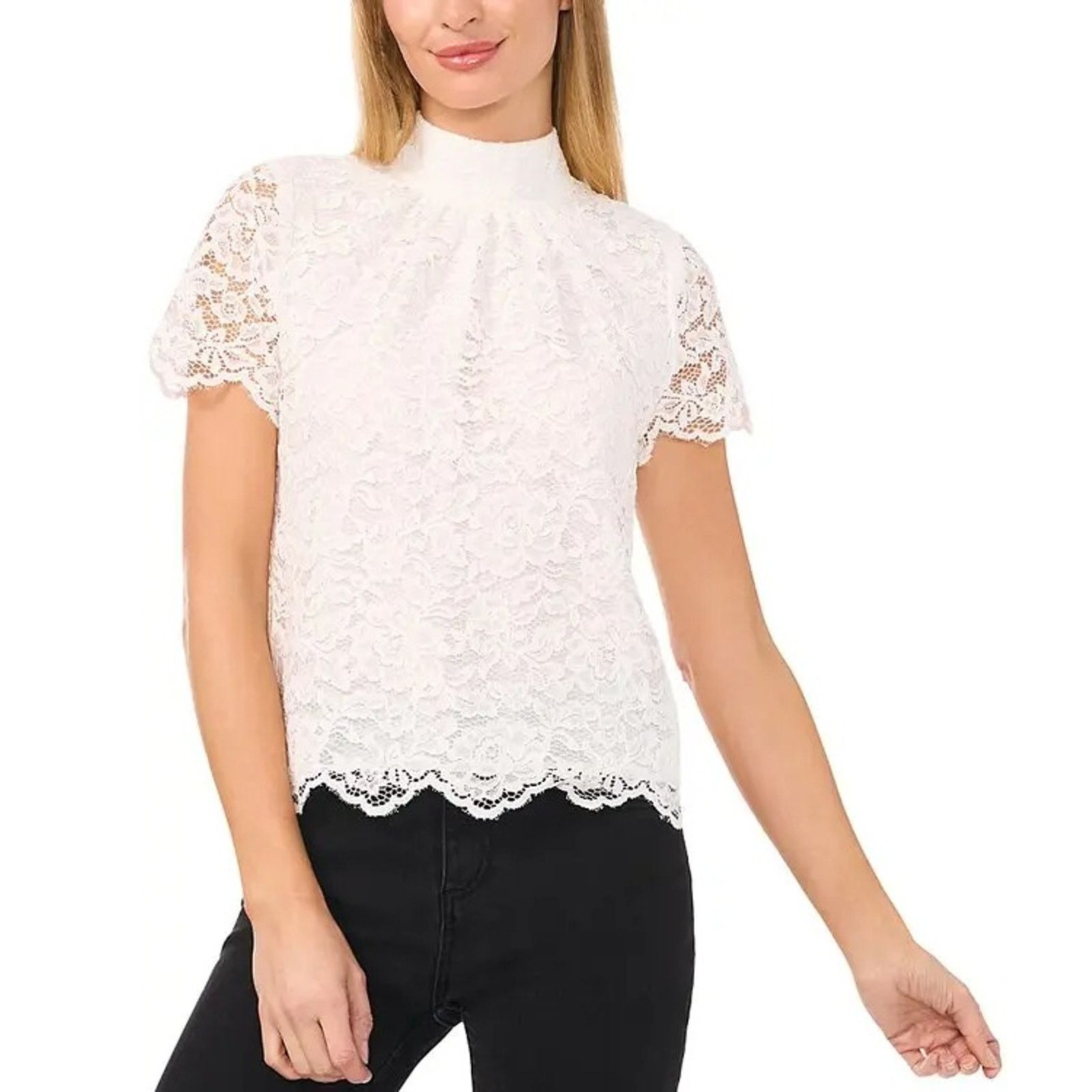 CeCe Women White Lace Mock Neck Back Tie Cap Blouse Size L