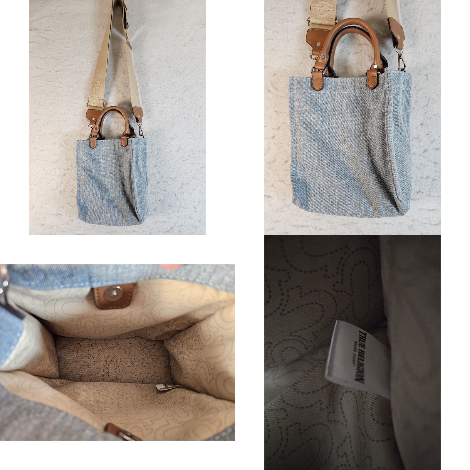 True Religion TRUE RELIGION Mini Tote Crossbody Denim Bag 8in 7in 4in Blue White Ivory Lining Removable Embroidered Strap Adjustable Strap Womens Vintage No N/A Size ONE SIZE - 8 Thumbnail