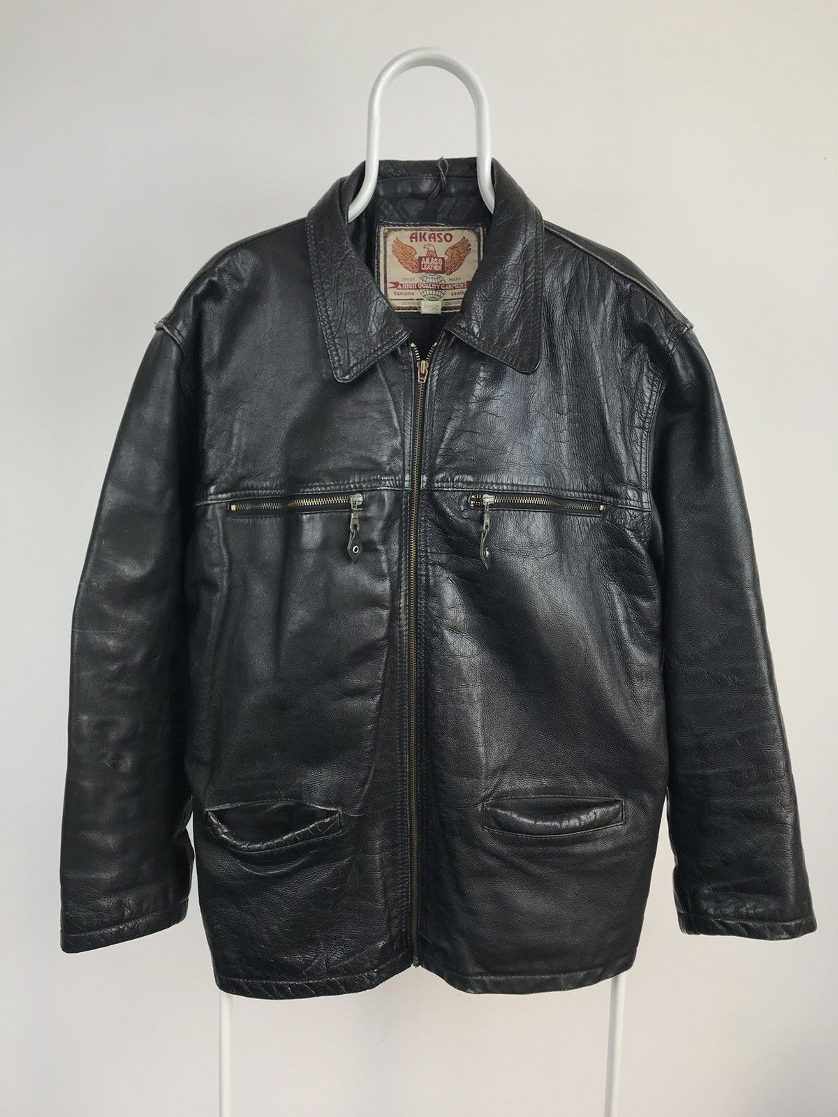 image of Akaso Vintage Genuine Leather Motorcycle Biker Jacket in Black, Men's (Size XL)