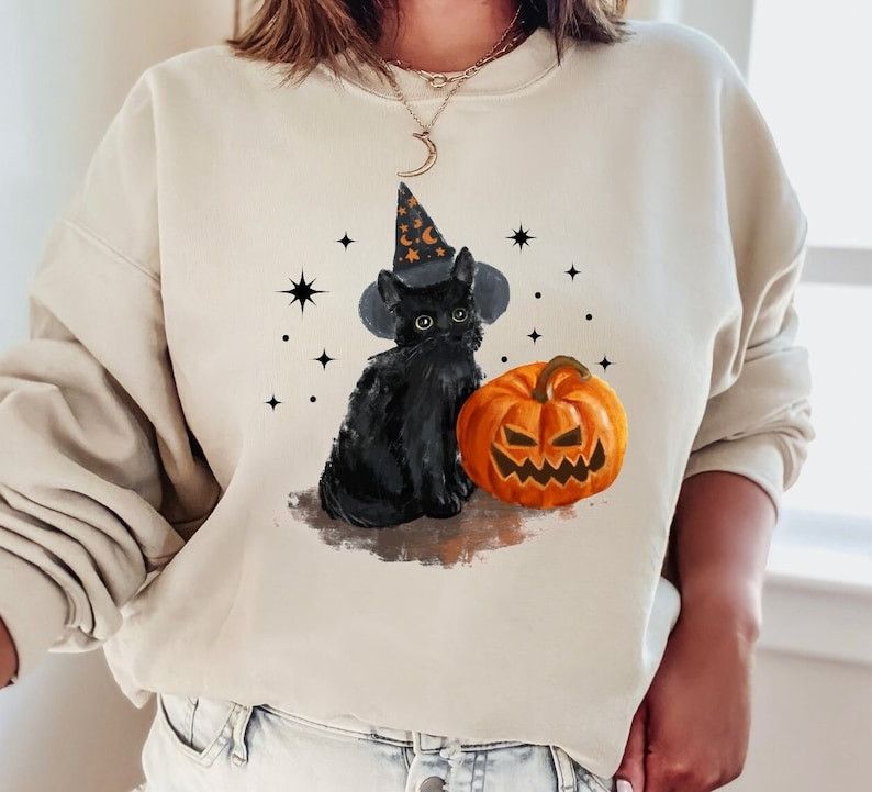 Designer Vintage Black Cat Halloween Sweatshirt Size L / US 10 / IT 46 - 1 Thumbnail