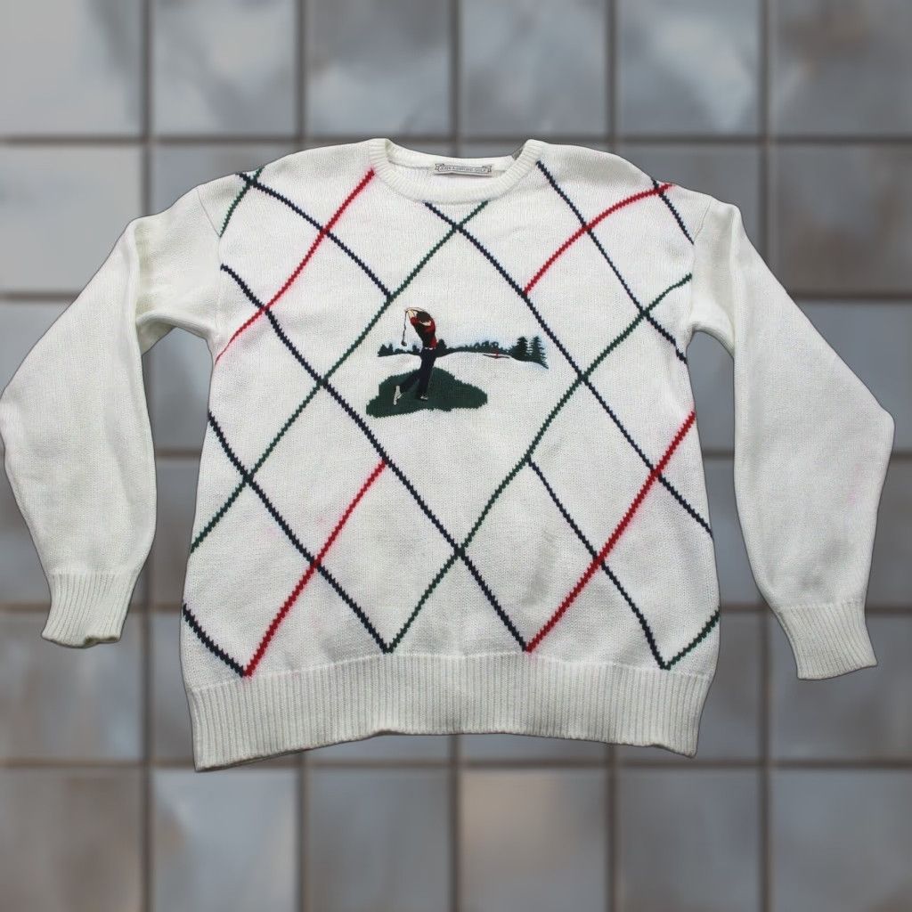 Etro VTG 90s John Ashford Golf Sweater Mens Regular Medium White Argyle Knit Pullover Crew Neck All Seasons Heavyweight ZIP? Size US M / EU 48-50 / 2 - 1 Thumbnail