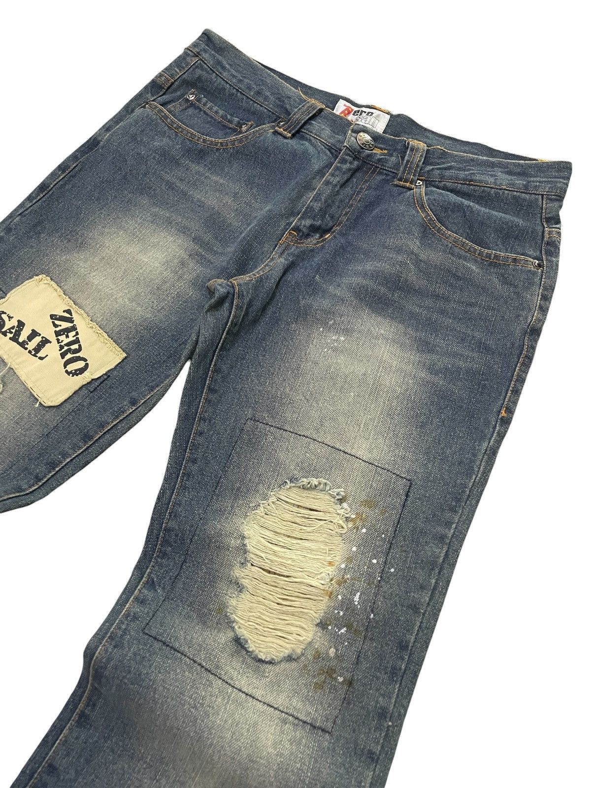 Zaero sail Japan Patch Work Distressed Dirty Blue Wash Jeans