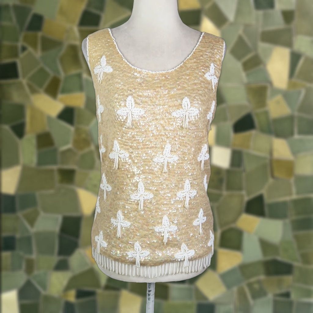 Vintage VINTAGE Regalia Imports Yellow Iridescent Sequin Beaded Fringe Tassel Top S Blouse Sleeveless Wool 60s Women Party/Cocktail Fringe Sequin 60s Womens S Size S / US 4 / IT 40 - 1 Thumbnail