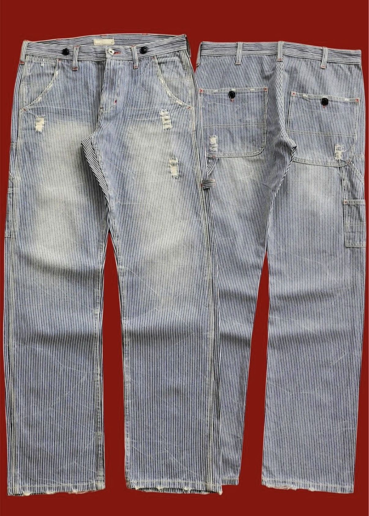 Vintage Browny Japan Hickory Stripe Carpenter Distressed Jeans Size US 32 / EU 48 - 1 Thumbnail