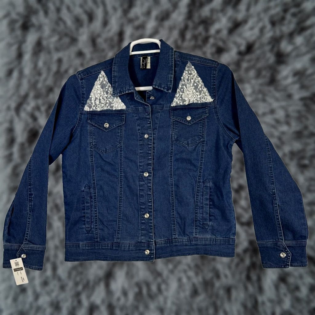 Vintage Fashque Studio Jacket Women's M Denim Blue Lace Stitch Rhinestone Buttons Pockets Sequin Lightweight Casual Size M / US 6-8 / IT 42-44 - 1 Thumbnail