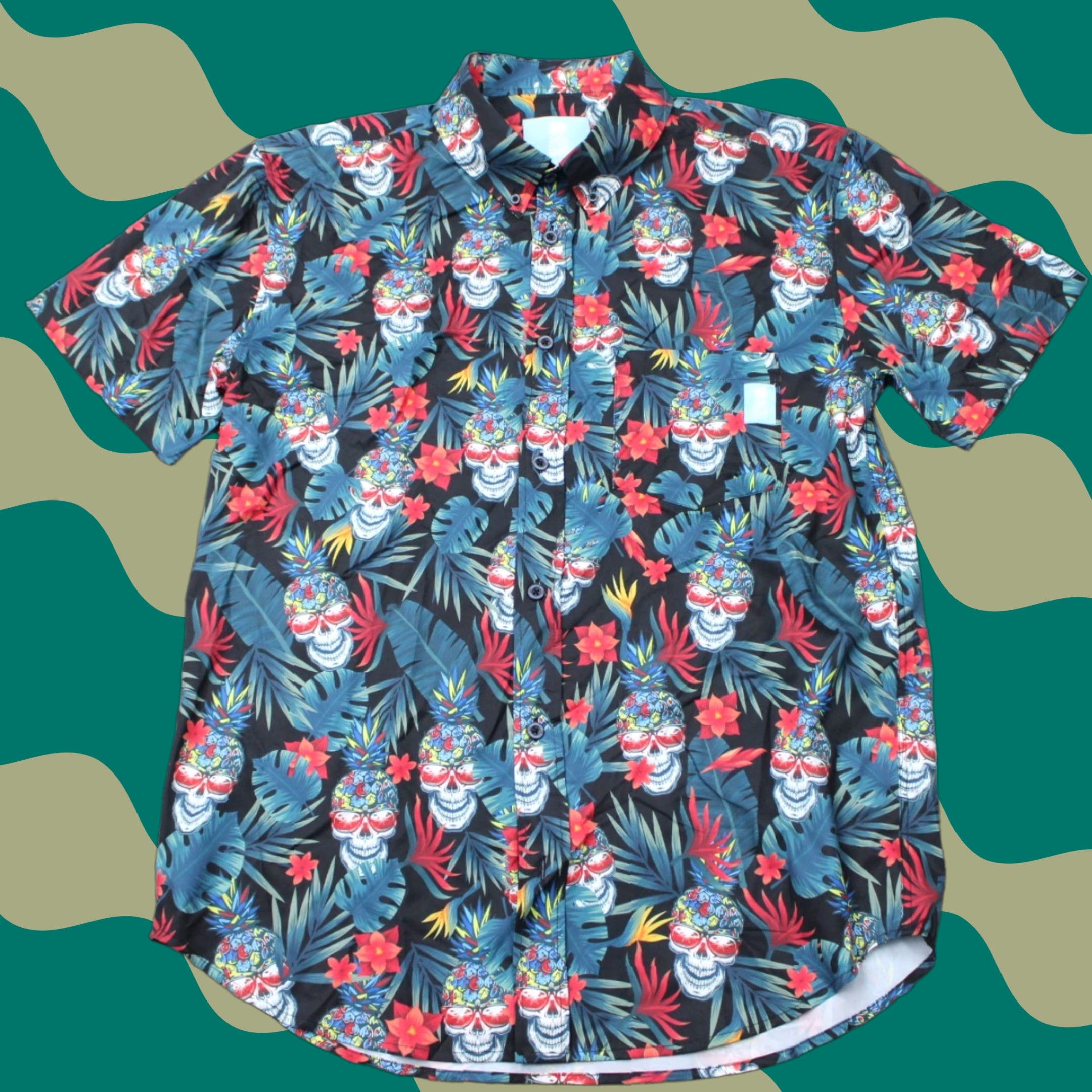 Vintage 21 Pineapples Shirt Mens Large Black Sugar Skulls Hawaiian Polyester Stretch S/S Shirt Size US L / EU 52-54 / 3 - 1 Thumbnail